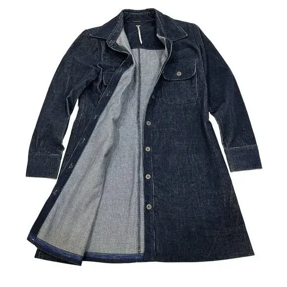 Free People Washed Corduroy Button Shift Dress Size S Blue Button Up USA Made - Picture 2 of 7